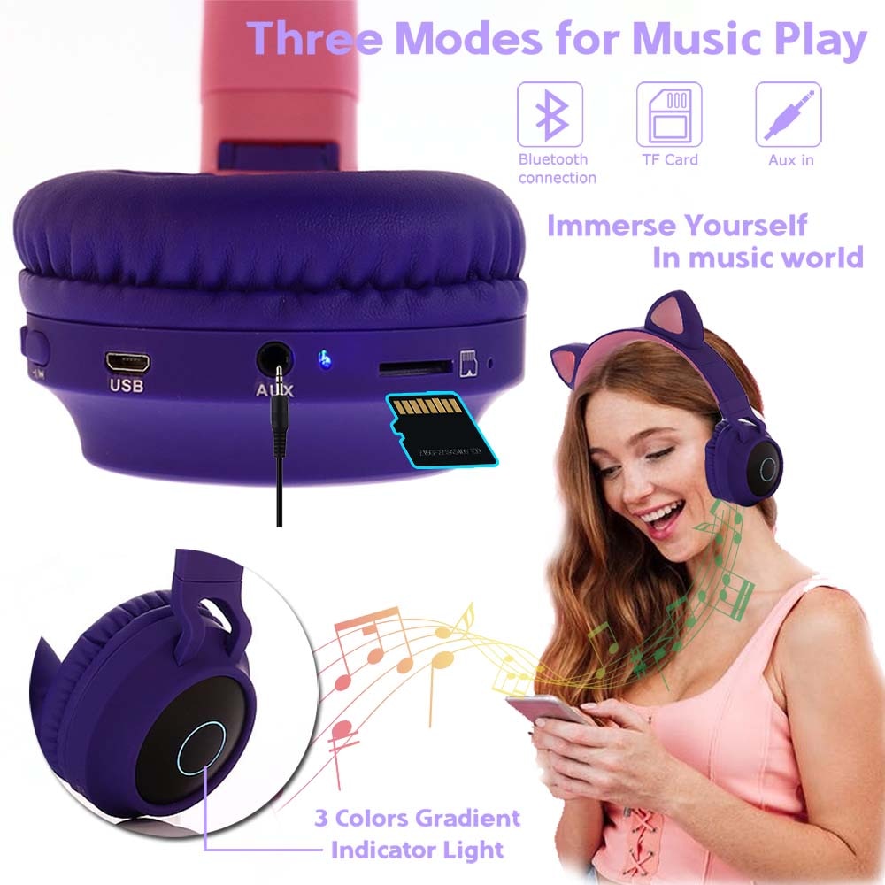 Stylish Cat Glowing Light Handsfree Wireless Headphones with mic